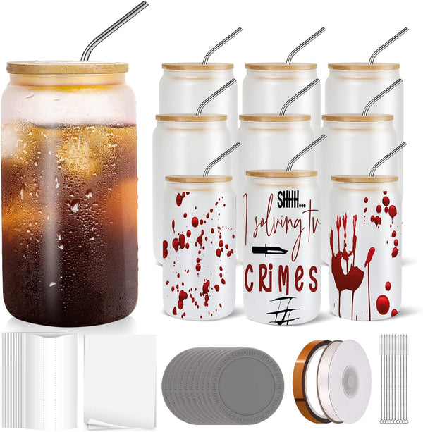 ASKIZ 10 Pack Sublimation Glass Blanks with Bamboo Lid and Straw-16oz Frosted Sublimation Beer Can Glass-Sublimation Glass Cups,Sublimation Glass Tumblers for Iced Coffee Juice Soda Drinks