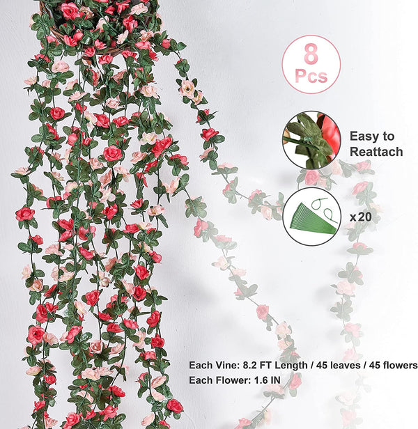 8-Piece Artificial Rose Vine Garland for Bedroom Hanging Decor for Wedding Valentines Christmas - Aesthetic Floral Room Decor