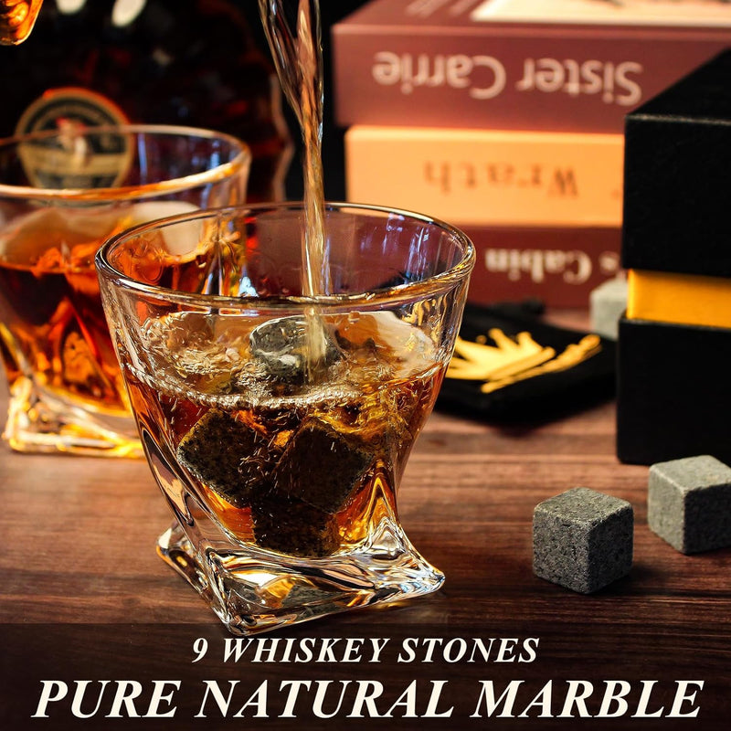 Almagic whiskey glass sets for men gift,two 12-ounce whiskey glasses / 9 whiskey stones & Velvet Bag,for Scotch Cocktail Rum,Unique Gift for Men, Dad, Husband