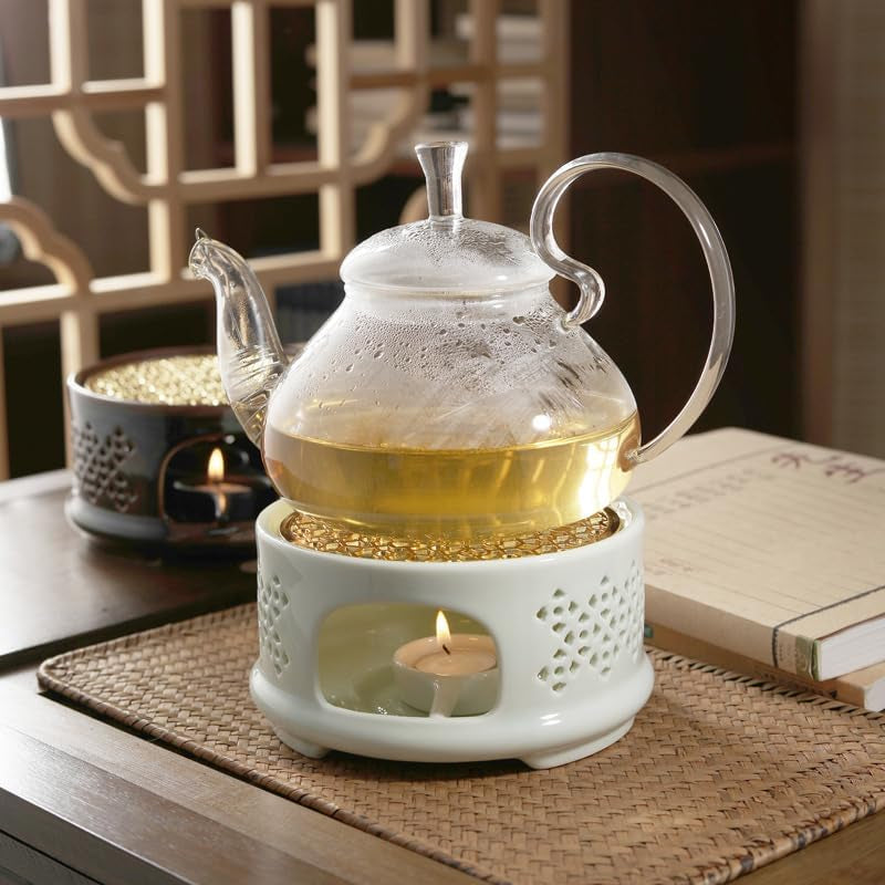 Porcelain Teapot Heater Hollow Frame Round Teapot Warmer Base with Alloy Cushion and Candle Holder Fixing Cushion