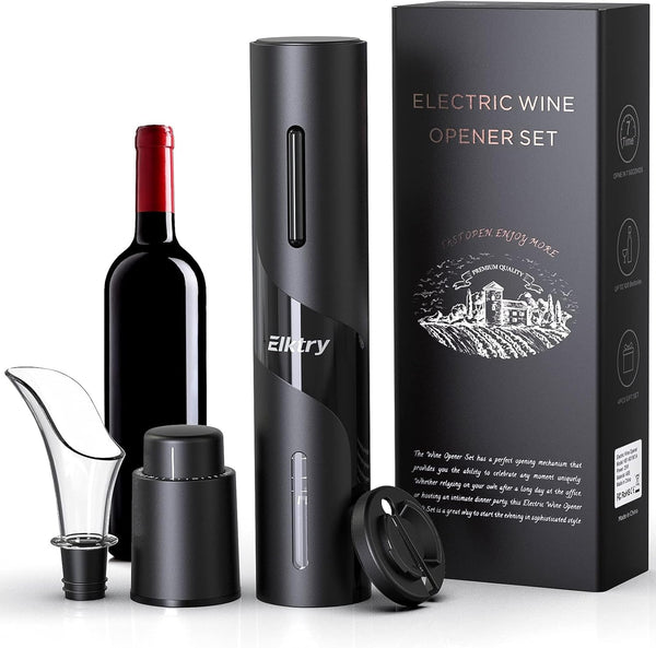 Elktry Electric Wine Bottle Opener, Automatic Electric Corkscrew Wine Opener Battery Operated with Foil Cutter and Wine Pourer and Vacuum Stoppers for Wine Lovers Gift- Black