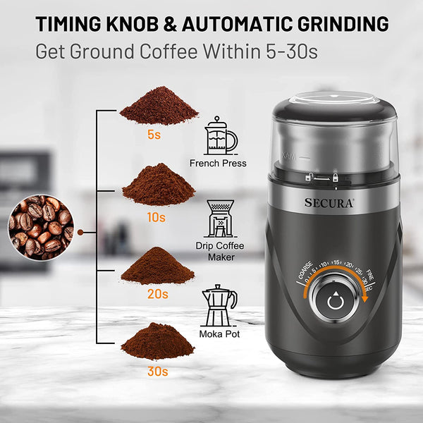 Secura Adjustable Coffee Grinder Electric, Spice Grinder Electric, Coffee Bean Grinder, Multipurpose Grinder for Spices, Herbs, Nuts, Grains with 1 Stainless Steel Blades Removable Bowl, Grey