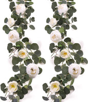 2Pcs Artificial Eucalyptus Garland with Flower, 8 Head Peony Flowers Vines, Green Floral Garland Decoration for Wedding Arch, Wall Backdrop, Wedding Table, Party (White, 2Pack)