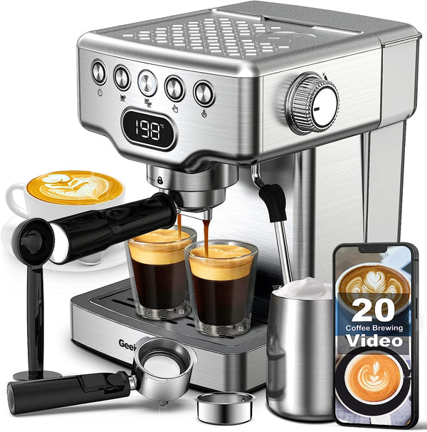 Geek Chef Espresso Machine 20 Bar, Espresso Coffee Maker with Fast Heating Automatic, Latte & Cappuccino Maker with Milk Frother Steam Wand, 1.8L Water Tank, Temperature Display, Stainless Steel