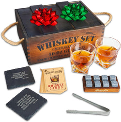 Mixology & Craft Whiskey Stones Gift Set for Men - 2 Glasses, 8 Chilling Rocks & Wooden Box - Whiskey Glass Gift Sets - Jameson Dark Brown