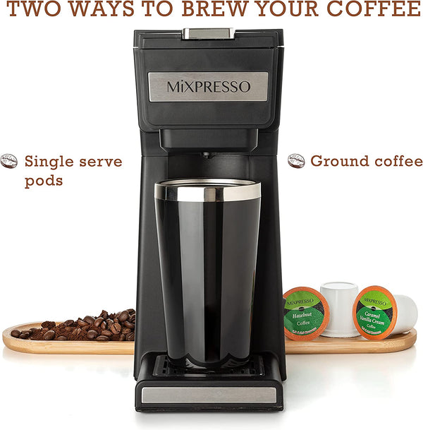 Mixpresso Coffee Maker Single Serve For Ground Coffee & Compatible With K Cup Pods, With 14oz Travel Mug & Reusable Filter For Home, Office & Camping.