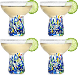 Stemless Margarita Glass – Set of 4 - Luxury Hand Blown Confetti Margaritas, for Cocktails, Water, Wine, Dessert, Martini & Champagne Glasses Cinco de Mayo, Hand Blown Glass - Mexican Confetti Design