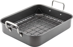 Rachael Ray Bakeware Nonstick Roaster/Roasting Pan with Reversible Rack, 16.5 Inch x 13.5 Inch, Gray