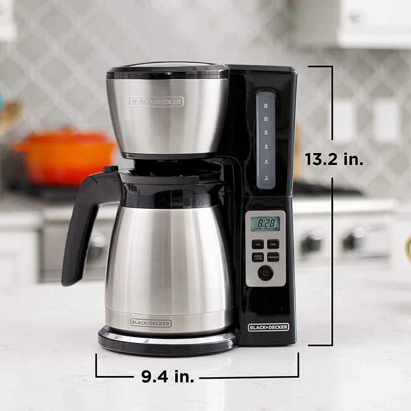 BLACK+DECKER 12 Cup Thermal Programmable Coffee Maker with Brew Strength and VORTEX Technology, Black/Steel, CM2046S