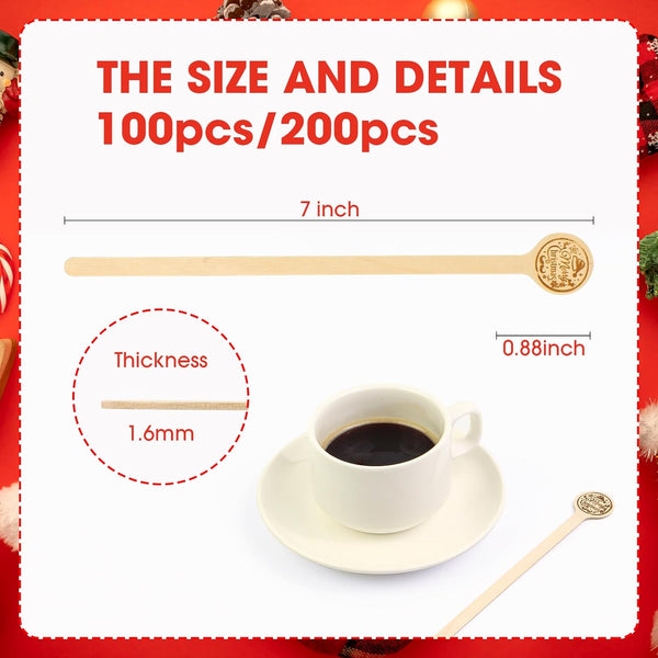 100pcs Coffee Stirrers Stir Sticks 7 Inch Wooden Coffee Stir Sticks with Merry Christmas Round Handle Disposable Biodegradable Coffee Stirrers Wood for Stirring Coffee Cocktails Milk Honey