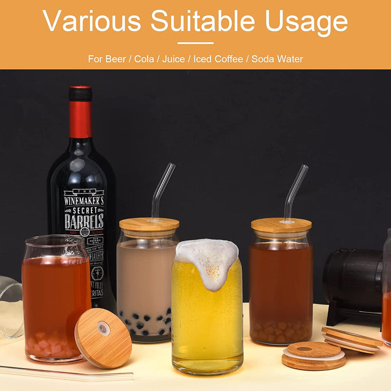 Drinking Glasses with Bamboo Lids and Glass Straw-16oz Can Shaped Glass Cups,Beer Glasses,Iced Coffee Glasses,Ideal for Cocktail,Whiske,Soda,Bubble Tea,Juicing,Smoothies(12pcs Set+2 Cleaning Brushes