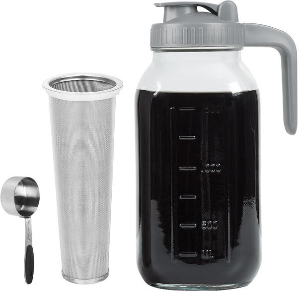 Cold Brew Coffee Maker Pitcher, 64 OZ Heavy Duty Glass Wide Mouth Mason Jar Pour Spout Airtight Lid with Stainless Steel Infuser Filter for Iced Coffee, Ice Tea, Brewed Making