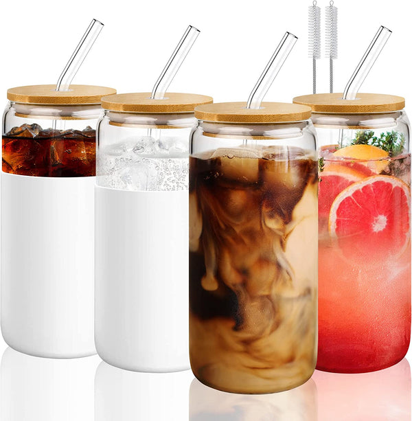 Glass Cups With Bamboo Lids and Straws - 4 pc 16oz can shaped glass bottle with silicone sleeve - Cute Reusable drinking tumbler set for iced coffee, espresso, beer, smoothie and juices mHomeAid