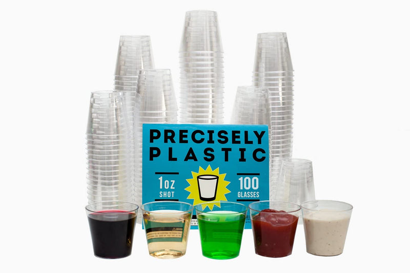 100 Shot Glasses Premium 1oz Clear Plastic Disposable Cups, Perfect Container for Jello Shots, Condiments, Tasting, Sauce, Dipping, Samples