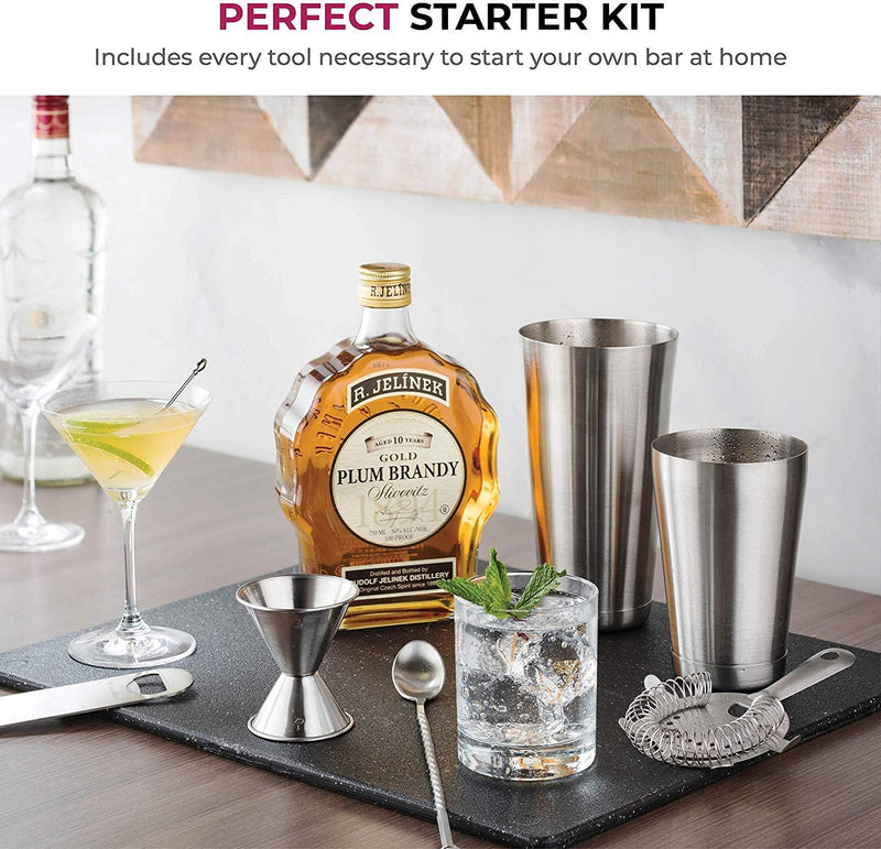 FineDine 14-Piece Cocktail Shaker Set Bartender Kit - Boston Shaker w/Strainer, Bar Jigger, Bar Spoon & More - Full Stainless Steel Cocktail Set w/Bar Tools - Drink Mixer Bar Set - Bar Accessories