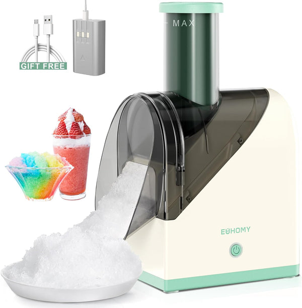 EUHOMY Shaved Ice Machine with Battery, USB Rechargeable, Crushed Ice in 3s, 45 lbs in 40 Mins, Dual Steel Blades, Easy-to-Clean, Snow Cone Maker with Scraper, for Home/Kitchen/Camping. (White)