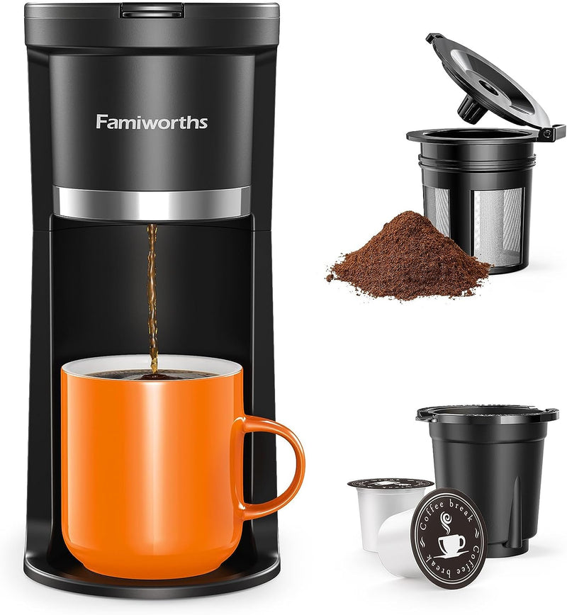 Famiworths Single Serve Coffee Maker for K Cup & Ground Coffee, With Bold Brew, One Cup Coffee Maker, 6 to 14 oz. Brew Sizes, Fits Travel Mug, Classic Black