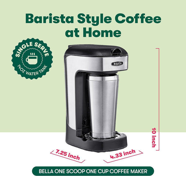 BELLA One Scoop One Cup Coffee Maker, Single Serve Brewer with Adjustable Drip Tray and Permanent Filter, Dishwasher Safe, Stainless Steel and Black