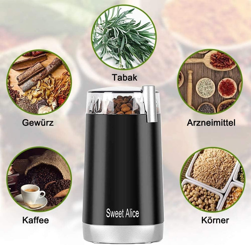 Sweet Alice Coffee Grinder Electric Quiet Coffee Bean Blade Grinders Stainless Steel for Spice Herbs Nuts Cereals Grain Mills