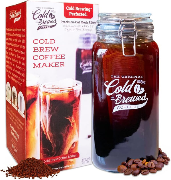 Cold Brew Coffee Maker by The Original Cold Brewed Coffee Co. - 2-Quart, Stylish, Vintage Mason Jar, Precision-Cut Filter & Latch Lid Top.