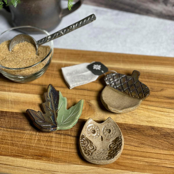 Acorn, Maple Leaf, and Owl Woodland Teabag Coasters by MudWorks Pottery, Set of 3, Handmade in The USA