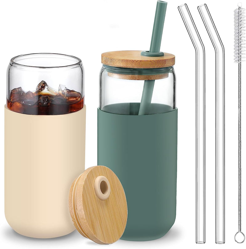 20 OZ Glass Cups with Bamboo Lids and Straws - Beer Can Shaped Drinking Glasses with Silicone Protective Sleeve Set for Iced Coffee, Water, Smoothie, Boba Tea, Gift, 2 Colors