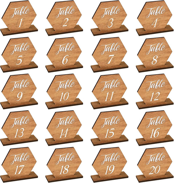 20 Pieces Wooden Table Numbers 1-20 Wedding Table Numbers Hexagon Shape Rustic Wooden Numbers with Holder Base for Wedding Event Party Decoration