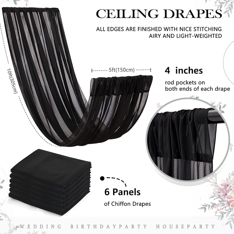 Black Wedding Ceiling Drapes - 6 Panels Chiffon Arch Fabric - 5ftx10ft for Stage Backdrop