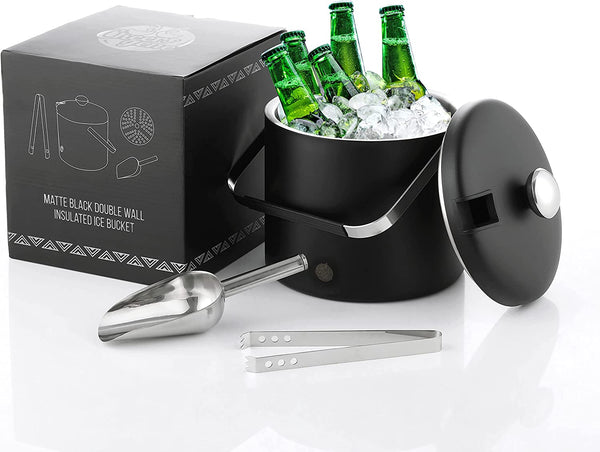 Cheersgene Ice Bucket Matte Black 3.4 Quarts Double Wall Insulated Stainless Steel Ice Bucket w/Strainer Lid Tong Scoop - Keep Ice Cold, Full set of accessories, Perfect for Home bar & Party, Gifts