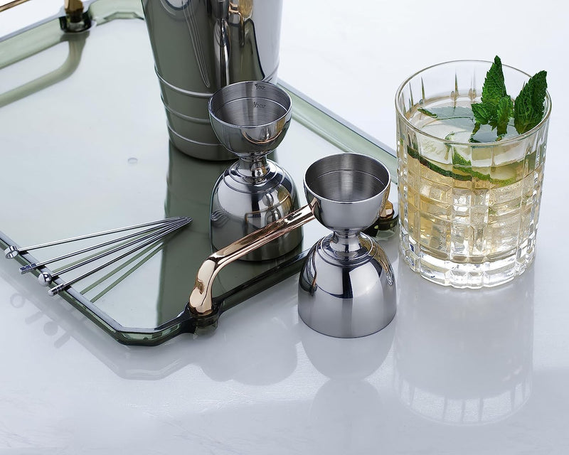 Derrison Premium Boston Shaker Set: Two-Piece Weighted and Unweighted Boston Shaker with Hawthorne Strainer and Bell Jigger, 18/28oz Stainless Steel Martini Drink Shaker, Heavy Duty Metal