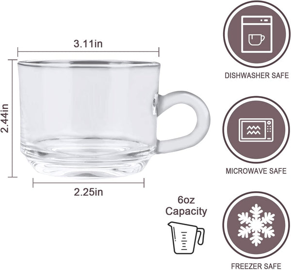 QAPPDA Clear Coffee Mug With Handle 6 oz, Glass Mugs With Handle,Warm Beverage Mugs,Glass Cups Tea Cups Latte Cups Cappuccino Mugs Set of 12 KTZB58