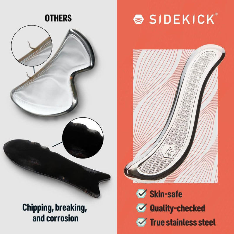 SIDEKICK Echo Muscle Scraper - Steel Gua Sha Tool - w/Patented X-Grip – Stainless Steel - Full Kit Included – Designed for IASTM to Relieve Neck, Shoulder, Back and Muscle Pain -