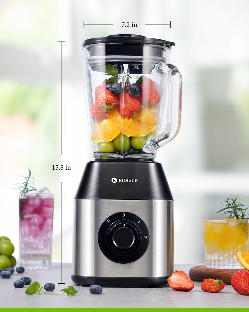 KIDISLE Professional Crusher Blender 2.0, 1200W Powerful Smoothie Blender, 52oz Glass Jar, Shakes and Smoothies, Ice Crush, Frozen Fruit, Stainless Steel