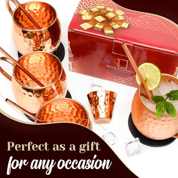 Advanced Mixology [Gift Set] Mule Science Moscow Mule Mugs Set of 4 (19 oz. large size) | 100% Handcrafted | Food Safe | Copper Mugs w/Accessories | Tarnish Resistant Copper Cups