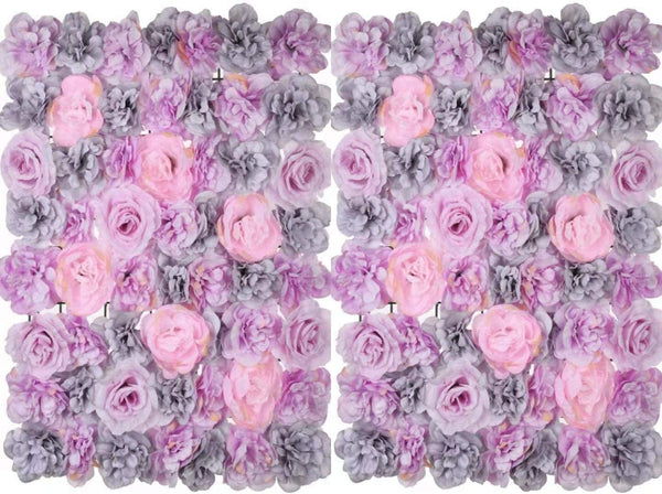 2Pc Artificial Flower Wall - Silk Rose Panel - WeddingPartyChurch Decor - 24x16in Grey Powder