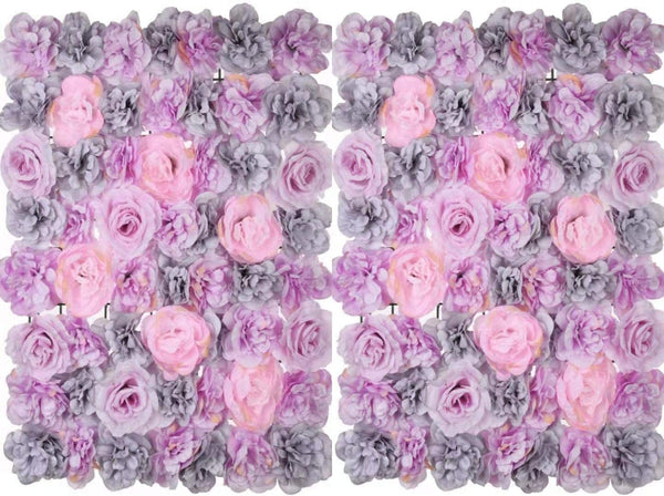 2Pcs Artificial Flower Wall, Wall Flower Silk Rose,Flower Wall Panel, 24X16Inches, Used for Wedding,Party, Church Wall, Stage Background Decoration (Grey Powder)