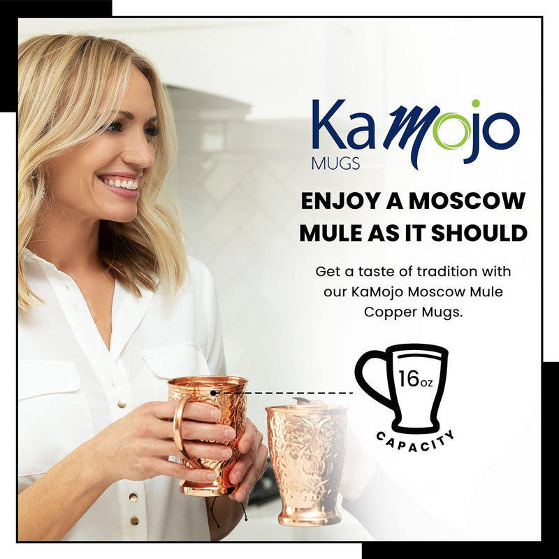 Kamojo Moscow Mule Mugs Set of 2 - Premium Moscow Mule Copper Mugs with Unique Embossed Design & Anti-Tarnish, Food-Grade Coating - Copper Cups Gift Set with 2 Copper Straws & Recipe E-Book, 16 oz