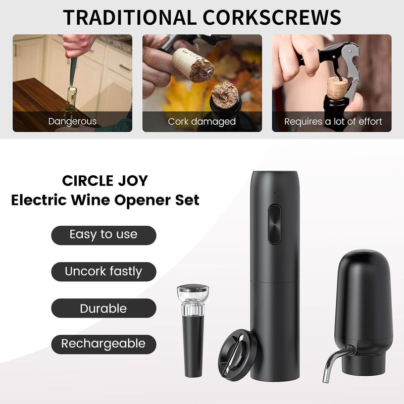 CIRCLE JOY Electric Wine Opener Set 4-in-1 Wine Set with Rechargeable Wine Opener, Rechargeable Wine Aerator Pourer, Foil Cutter and Vacuum Wine Stopper, Gift Set for Wine Lovers, Black