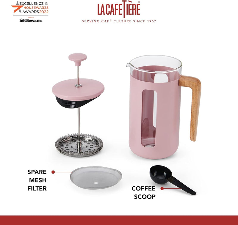 La Cafetière Pisa Cafetière, 3-Cup/350ml, Heat-Resistant Borosilicate Glass and Stainless Steel with Easy-Grip Plunger, Small French Press Coffee Maker for Loose Tea and Ground Coffee, Pink