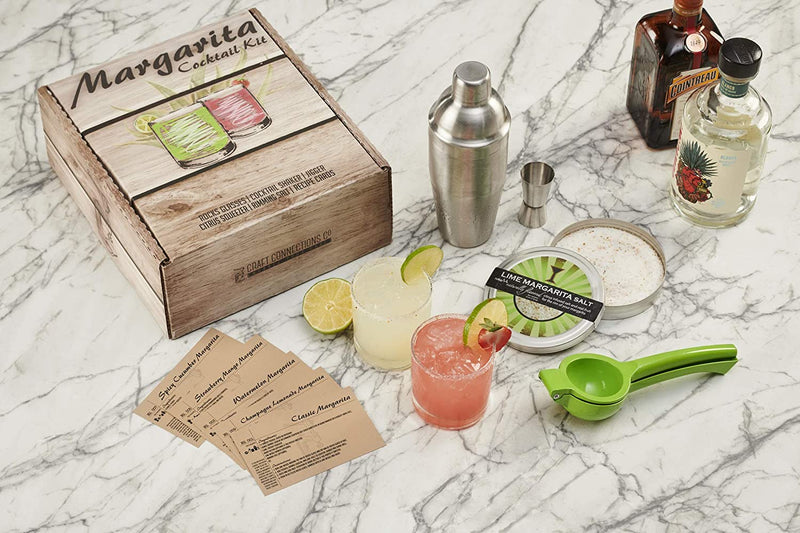 Margarita Cocktail Kit - Set of Rocks Glasses | Stainless Cocktail Shaker & Jigger | Citrus Squeezer | Rokz Lime Infused Margarita Salt | Recipe Cards. The Perfect Margarita Kit Gift Set!