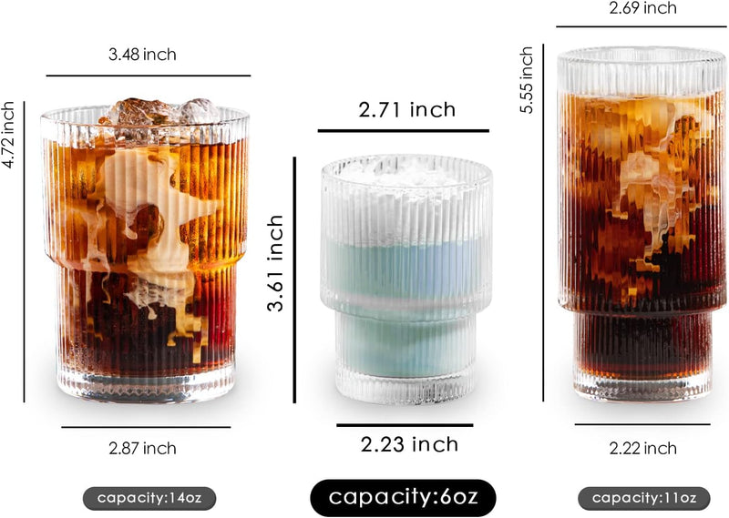 Combler Drinking Glasses, Cocktail Glasses 6 oz, Ribbed Glass Cups Set of 4, Coffee Bar Accessories, Small Cute Ribbed Glassware for Whiskey Tea Soda Iced Coffee Cup, Birthday Gifts for Women