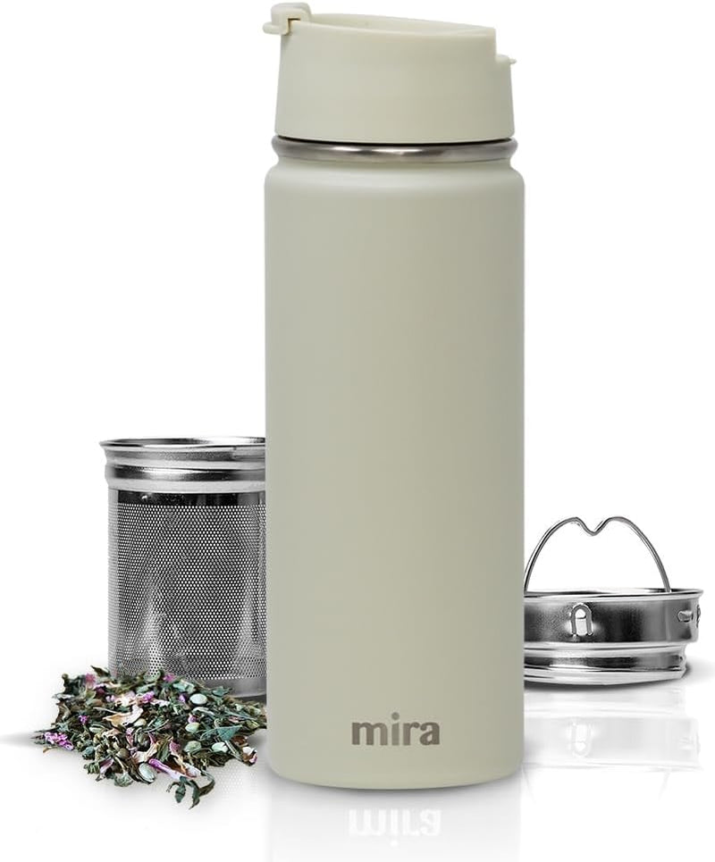 MIRA Stainless Steel Insulated Tea Infuser Bottle for Loose Tea - Thermos Travel Mug with Removable Tea Infuser Strainer-18 oz, Pearl Blue