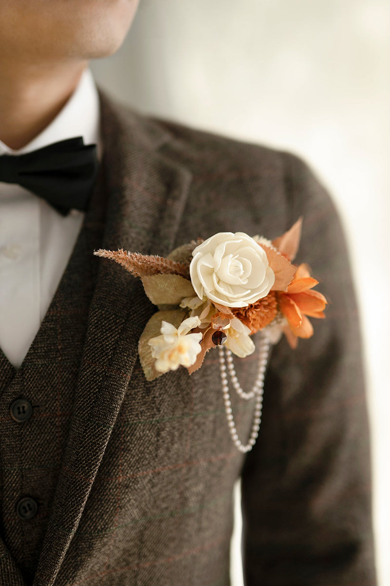 Groom Boutonniere Pocket Square in Rust  Sepia