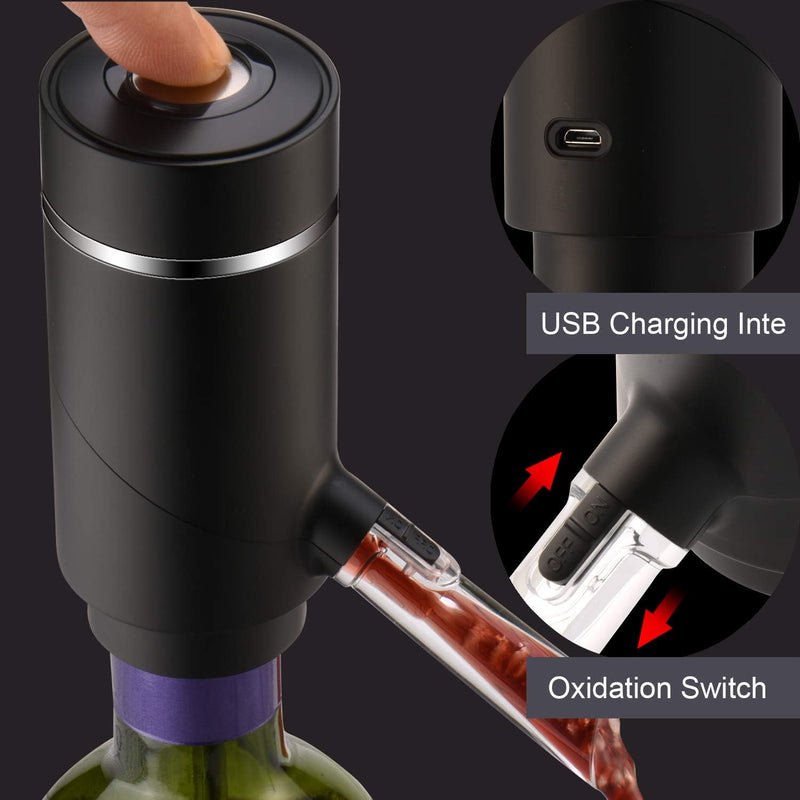 Electric Wine Aerator, Wine Dispenser Pump, Automatic Wine Pourer, Instant Wine Decanter, One-Touch Wine Oxidizer with Retractable Tube, Portable and USB Rechargeable, Matte Black