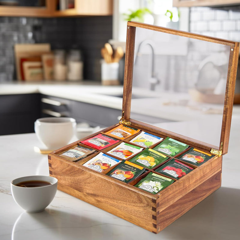 KITEISCAT Acacia Wood Tea Bag Organizer: 12-Compartment Multi-Functional Tea Box and Storage Organizer for Tea Bags