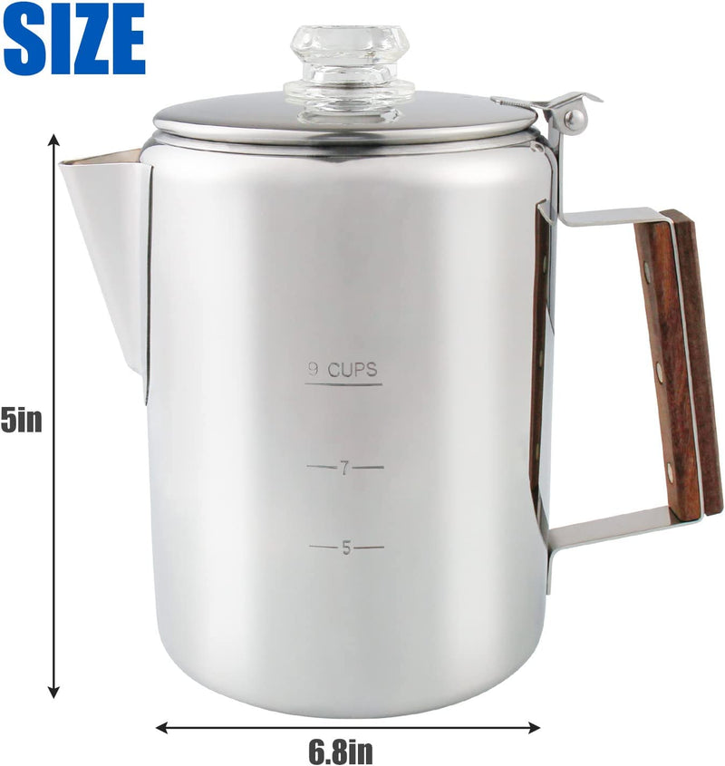 APOXCON Coffee Percolator, Camping Coffee Pot 9 Cups Stainless Steel Coffee Maker with Clear Top Glass Knob, Percolator Coffee Pot for Campfire or Stovetop Coffee Making Outdoor Traveling Fast Brew