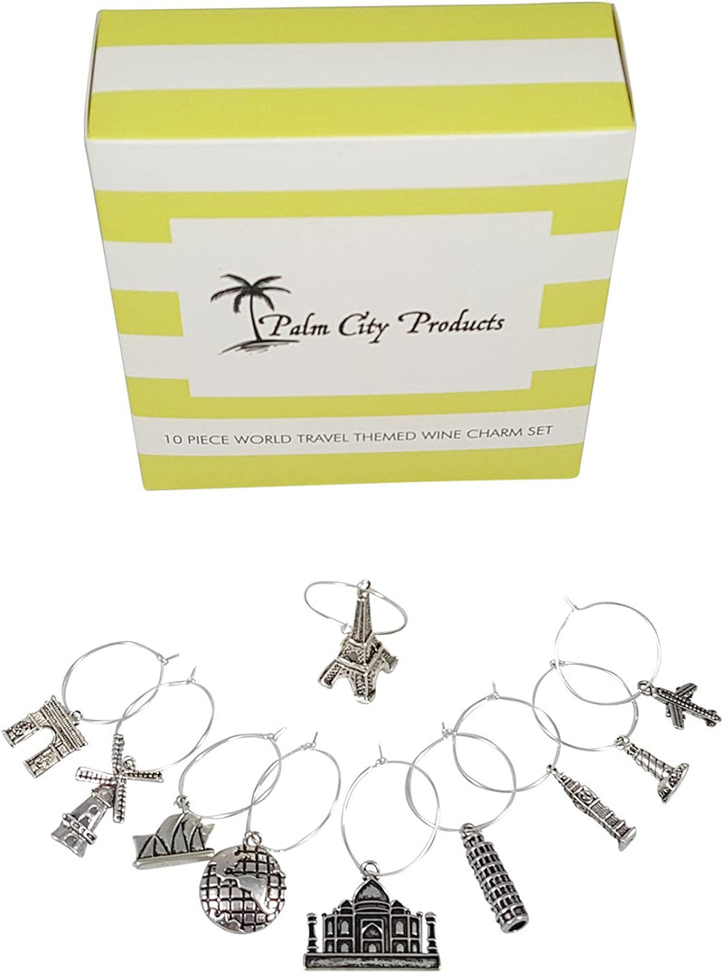 Palm City Products 10 Piece World Travel Themed Wine Charm Set - Traveler Stemmed Wine Glass Charms