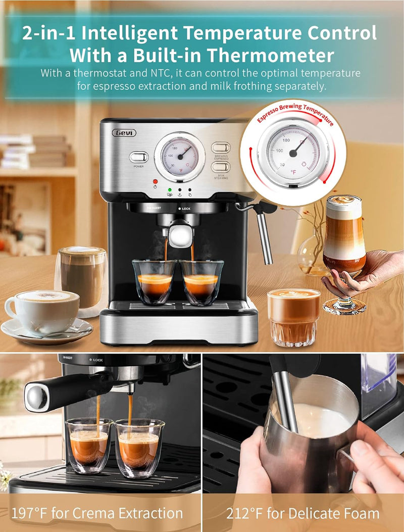 Gevi Espresso Coffee Machine,Espresso Machine with Steamer, Compact Semi Espresso Maker with Milk Frother for Home, Stainless Steel Cappuccino Machine for Cappuccino, Latte, 1100W