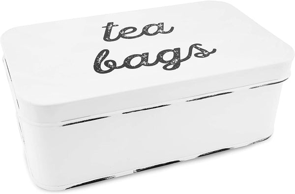 AuldHome Farmhouse Tea Bag Box (White), Vintage Retro Style Enamelware Tea Storage Tin