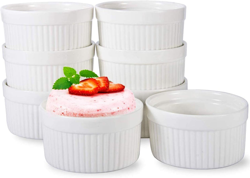 Set of 8 Sleek 6 oz Porcelain Ramekins for Baking and Cooking - Oven Safe